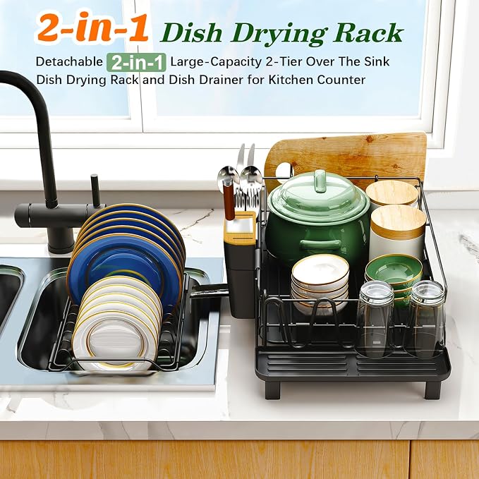 Runnatal Large Dish Drying Rack with Drainboard Set, Stainless Steel Detachable 2-in-1 Large-Capacity 2-Tier Over The Sink Anti-Rust Dish Rack and Dish Drainer for Kitchen Counter | 2 Tier Extendable Stainless Steel Dish Rack Used in Sink & Kitchen Cou...