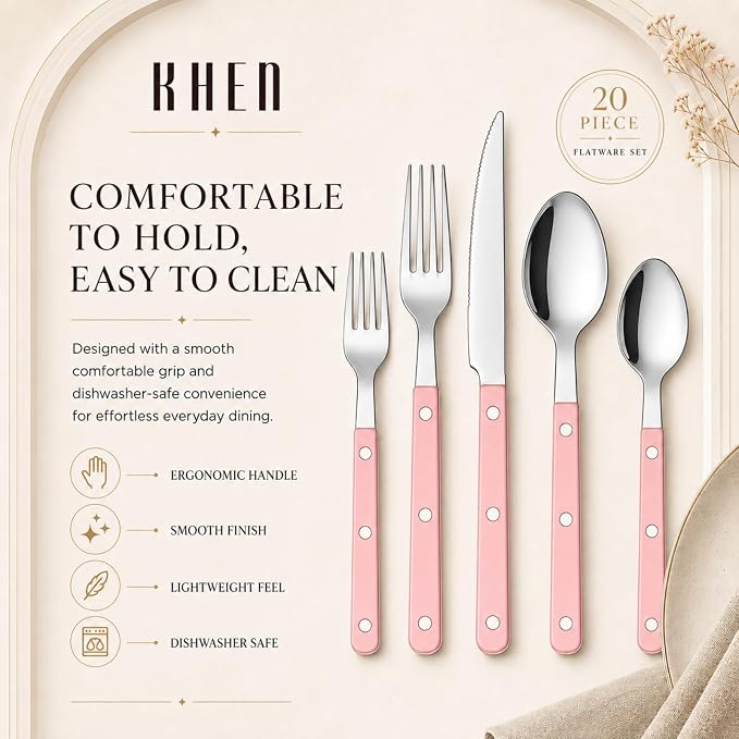 Khen Cutlery Set of 20 Pieces, 18/8 Stainless Steel Flatware, Modern Silverware for Home, Kitchen, Dining & Table Setting for 4, Dishwasher Safe, Lightweight & Ergonomic Design Gift - Pink