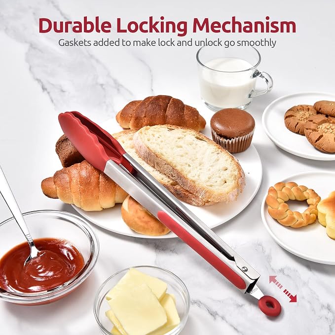U-Taste Kitchen Tong for Cooking, 600ºF Heat-Resistant Silicone, 12in/Red | Large Tongs for Serving Food, Big Rubber Tong for Grill/BBQ, Silicon Tips & 18/8 Stainless Steel Handle, Smooth Locking