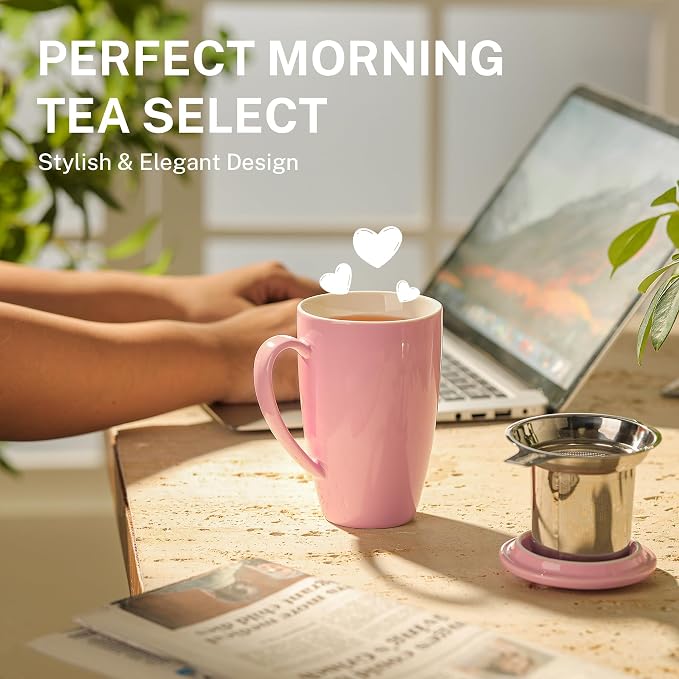 Sweese 15 OZ Porcelain Tea Mug with Infuser and Lid, Loose Leaf Tea Cup, Gifts for Tea Lover, Pink