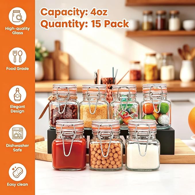 Flrolove 4oz Glass Spice Jars with Lids, 15 Pack Jars with Airtight Lids | Glass Spice Jars with Label & Rubber Gaskets, Small Spice Containers for Kitchen, Jam, Jelly, Herbs, Art Crafts, Wedding