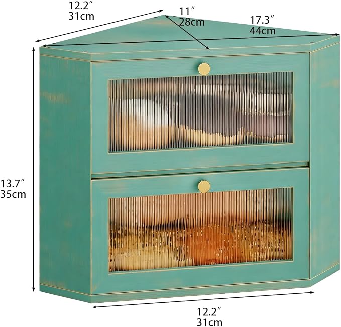 Trironsun Corner Bamboo Bread Box for Kitchen Counter Double Layer Bread Storage Container Large Capacity Bread Storage Bin with Wavy Arcylic Transparent Door (Antique Blue)
