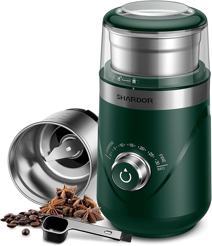 SHARDOR Electric Super Silent Blade Coffee Grinder, Timed Grind Control Rotary Knob, Adjustable Coarse to Fine for Coffee Beans, Spices & Herbs, with 1 Removable Stainless Steel Bowl, Green