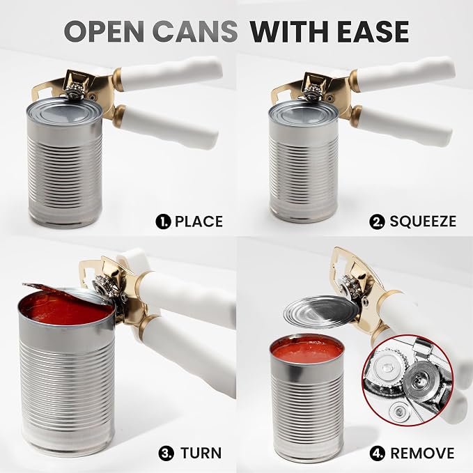 Zulay Kitchen Heavy Duty Stainless Steel Can Opener Manual with Bottle Opener - Rust Proof Manual Can Opener With Turn Knob & Comfy Soft Grip Handles - White & Gold