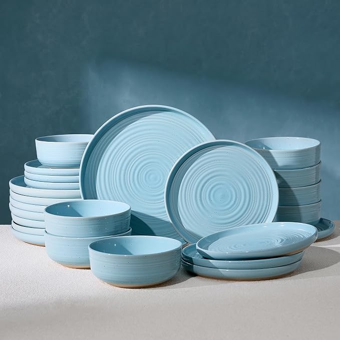 Dinnerware Sets for 8, Ceramic Plates and Bowls, Ice Blue | 24-Piece Ceramic Speckled Spiral Dishes, Chip & Scratch Resistant, Microwave & Dishwasher Safe, Everyday Use, Farmhouse Style