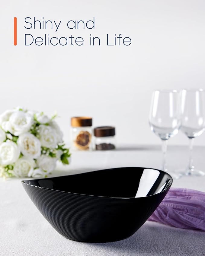 66 OZ Salad Bowl Set of 2, 10 Inch Black Opal Glass Oval | Ultra-thin lightweight serving dish with microwave & dishwasher safe design, perfect for salad, fruit and kitchen use
