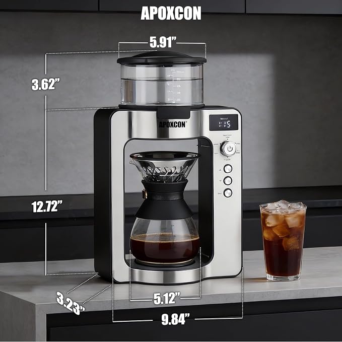 APOXCON Drip Coffee Maker, Automatic Pour Over Coffee Machine with Natural Filters for Home Brewer, Programmable Coffee Dripper with Built‑in Scale & Adjustable Strength, Single Serve or Full Carafe