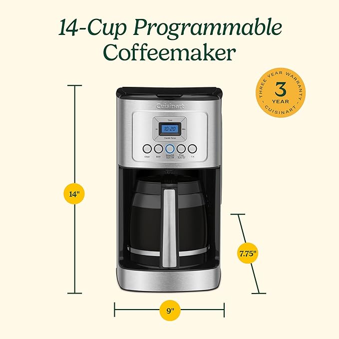 Cuisinart Coffee Maker, Programmable, Stainless Steel, 14-Cup Glass Carafe | PerfecTemp coffee machine with 1-4 cup settings, strength control, auto-off & a reusable gold tone filter, DCC-3200