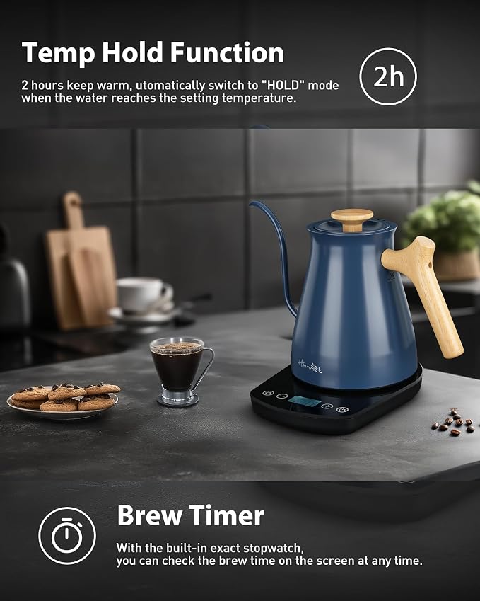 Harriet Gooseneck Electric Kettle, 0.8L, 1°F Control, Brew Timer | 120-Min Keep Warm, 104–203°F Control, Built-In Brew Timer, SUS304 Stainless Steel, Wood-Accent Handle for Pour-Over Coffee