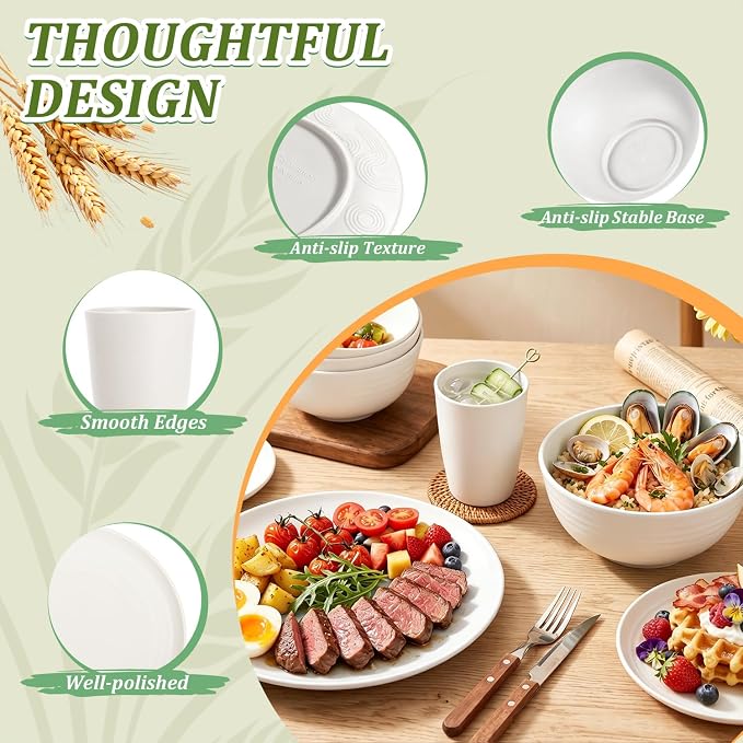PYRMONT 40 PCS Wheat Straw Dinnerware Sets Unbreakable Dishes Set Service for 8 Dishwasher & Microwave Safe Plates and Bowls Sets for Kitchen,Camping,Picnic Non Toxic Dishes-White