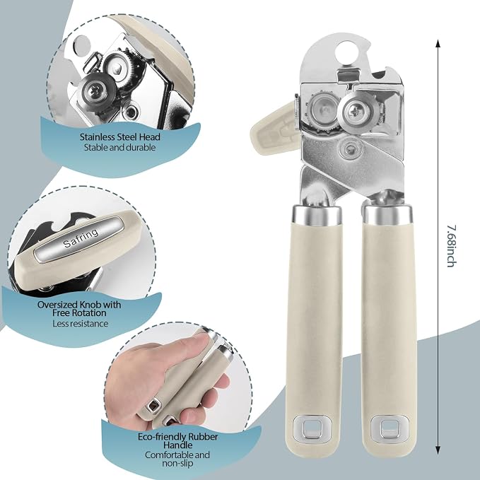 Safring Can Opener Manual, Heavy Duty Handheld Strong Can Opener with Soft Touch Handle, Sharp Blade Smooth Edge, Can Openers with Multifunctional Bottle Opener, Beige