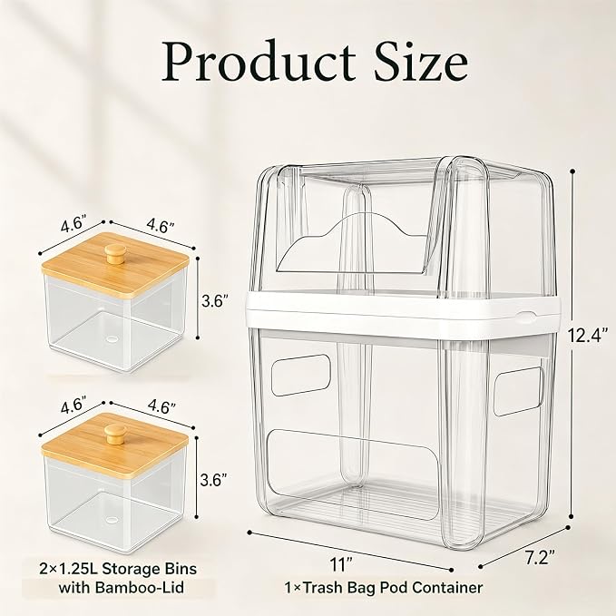 Trash Bag Holder & Dishwasher Pod Dispenser with 2 Bamboo Lid Storage Containers, Clear Acrylic Under Sink Organizer for Garbage Bags, Laundry Detergent Pods & Tabs, Kitchen Pantry Laundry Room