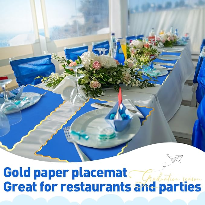 FoldTier 150 Pcs Disposable Paper Placemats Bulk 10"x14" Rectangle Place Mats with Scalloped Edges Dining Table Mat for Wedding Birthday Party Table Decoration(Blue)