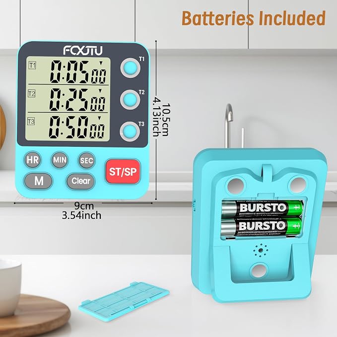 Digital Dual Kitchen Timer, Multi-Channel Magnetic Countdown for Cooking | 3Groups Triple Independent Countup Food Timer, Memory Presets, Large Display, Loud Alarm & Mute, 3A Battery & Stand Included