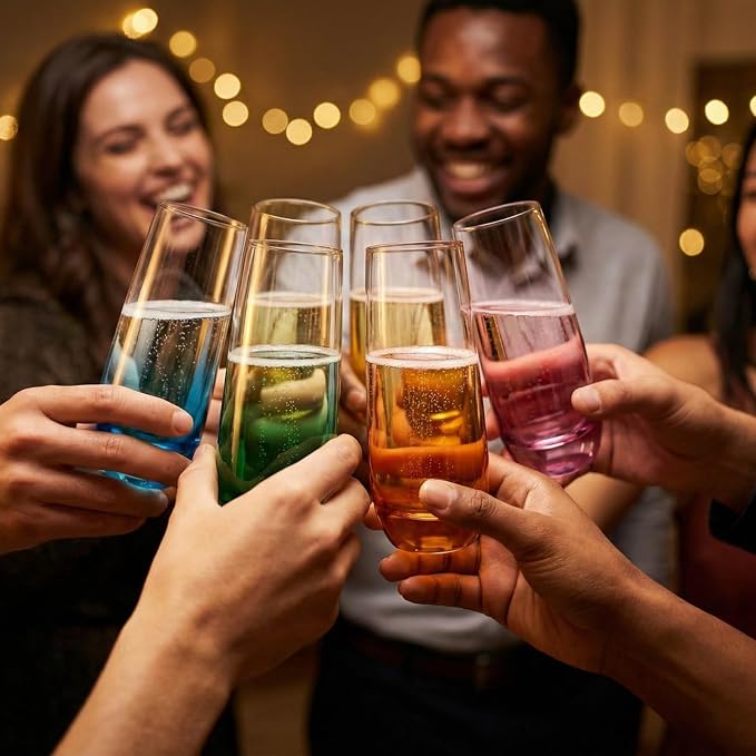 ColoVie Stemless Champagne Flutes set of 6, Colored Bar Glassware, Cocktail | Colored Champagne Glasses, Crystal Glass for Wedding Toasting, Prosecco, Mimosa Glasses, Bridesmaid Gift, Party Glassware