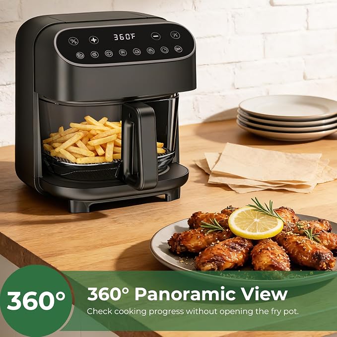5 QT Glass Air Fryer, Non Toxic Airfryer with Digital Touch Control | 8 Preset Modes, PTFE/PFAS Free, BPA-Free, Uncoated High Borosilicate Glass Basket, Dishwasher Safe, Black