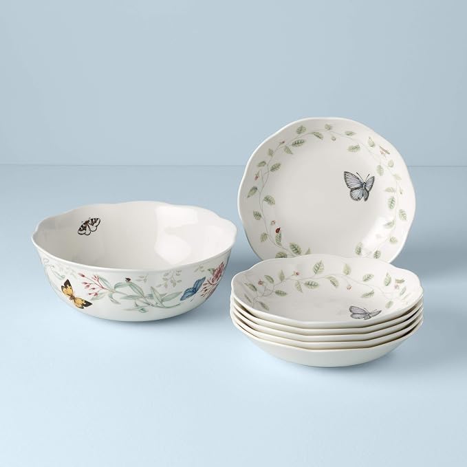 Lenox Butterfly Meadow Porcelain 7-Piece Bowl Set for 2 | dishwasher safe | plates and bowls sets for kitchen and dining | 84oz capacity, 10 inch diameter | 3.5 inch