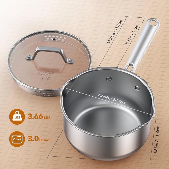 PekGema 3QT Saucepan w/Glass Strainer Lid, Tri-Ply Stainless Steel | Tri-Ply Stainless Steel;Dual Spouts&Strainer Holes;Measurement Marks;Dishwasher Safe;Oven Safe 500°F;All Stovetops