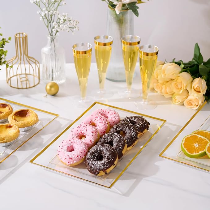 FOCUSLINE 8 PCS Plastic Serving Trays for Party, Clear Gold Rim Platters | Durable Construction, Elegant Appearance, Disposable and Reusable, Ideal for Parties, Weddings, Catering, Desserts