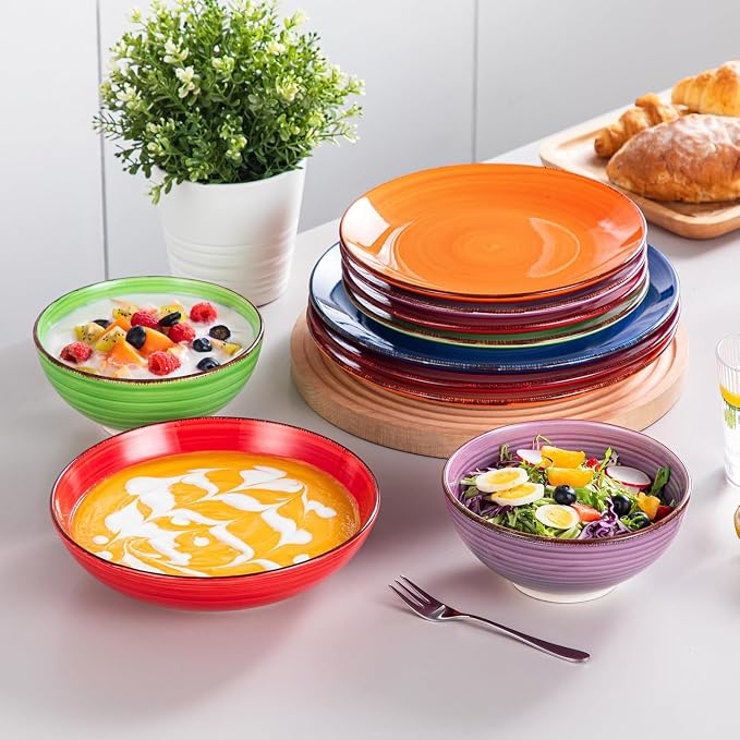 vancasso Bonita Dinnerware Sets, 24 Pieces Multicolor Stoneware Dinner Set | Handpainted Spirals Pattern Ceramic Plates and Bowls Sets, Kitchen Plate Set for 6 Dishes Sets-Microwave and Dishwasher Safe