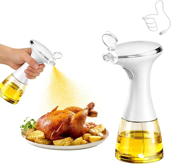 Electric Oil Sprayer for Cooking, Olive Oil Sprayer with One-Touch Mist | USB Rechargeable, Leak-Proof, Dustproof Design, Perfect for Healthy Cooking, Olive Oil Dispenser for Precise Control, White
