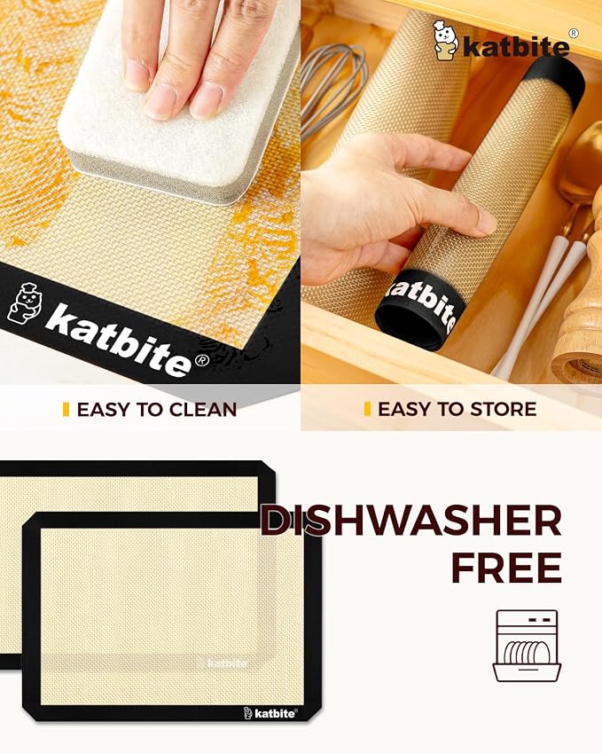 Katbite Silicone Baking Mat Set of 3 Black | 2 Half Sheets Mats + 1 Quarter Baking Sheet, Reusable & Nonstick Bakeware Mats for Cookies, Macarons, Bread