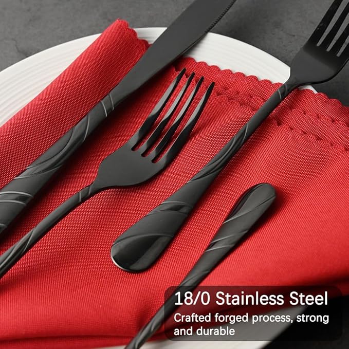Black Silverware Set for 12, 60-Piece 18/0 Stainless Steel Utensils | Frosted & Mirror Finish Flatware Set, Unique Design Modern Cutlery for Wedding Restaurant Party Event Serving For 12
