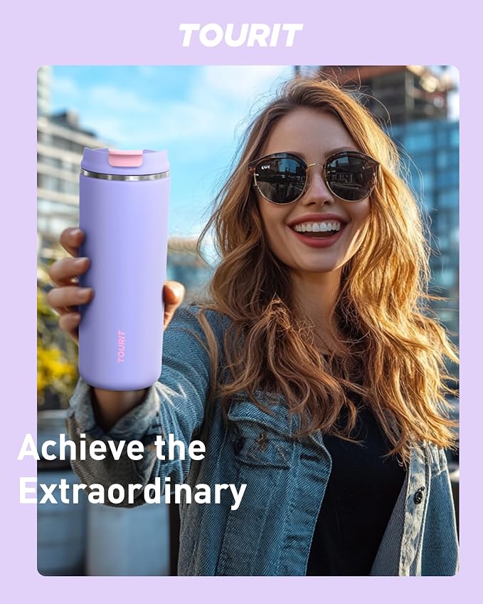 TOURIT 16 oz Insulated Stainless Steel Travel Mug with Lid, Leak-Proof Double-Wall Vacuum Tumbler, Reusable Coffee Cup - Purple