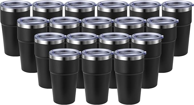 MEWAY 16oz Tumbler Double Wall Vacuum Insulated Travel Mug Bulk, Stainless Steel Tumblers with Lid, Powder Coated Coffee Cups for Cold & Hot Drinks (Black,18 Pack Pack)