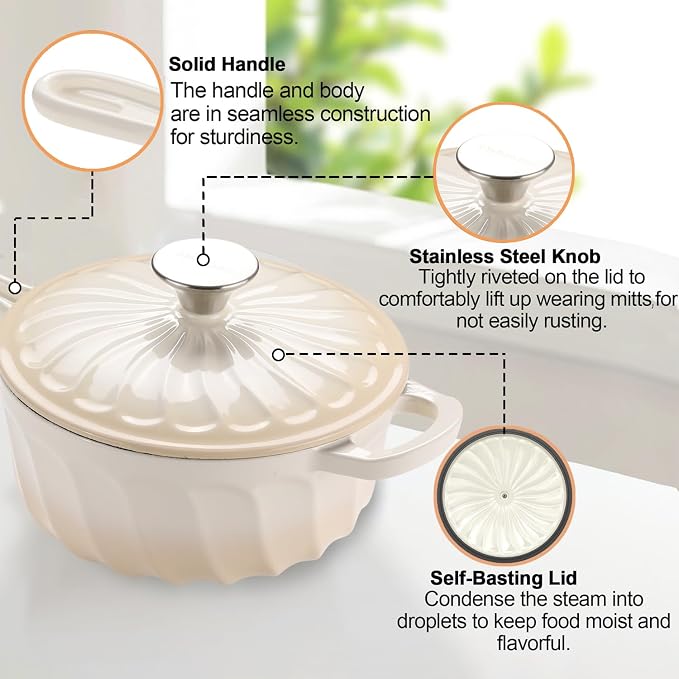 Enameled Cast Iron Sauce Pan with Lid, 2 Quart Saucepan with Lid | Dutch Oven with Lid, Small Cast Iron Pot for Cooking Pasta, Soup, Milk, Induction & Oven Safe Up to 500°F, Caramel White