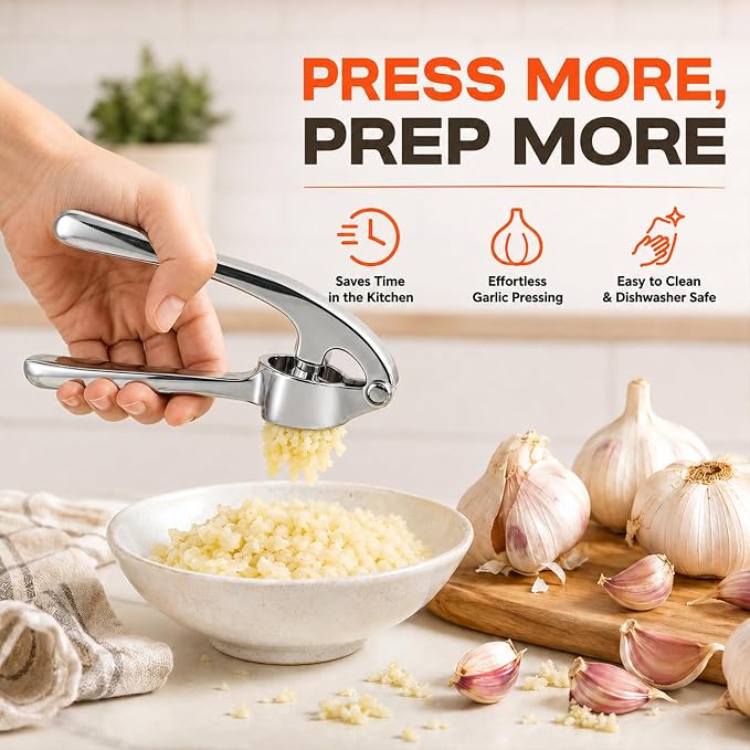 CUNSENR Garlic Press Set, Premium Rust Proof Garlic Mincer Tool with Ergonomic Handle, Easy Squeeze & Easy Clean Garlic Crusher, Dishwasher Safe with Silicone Peeler and Brush - Silver