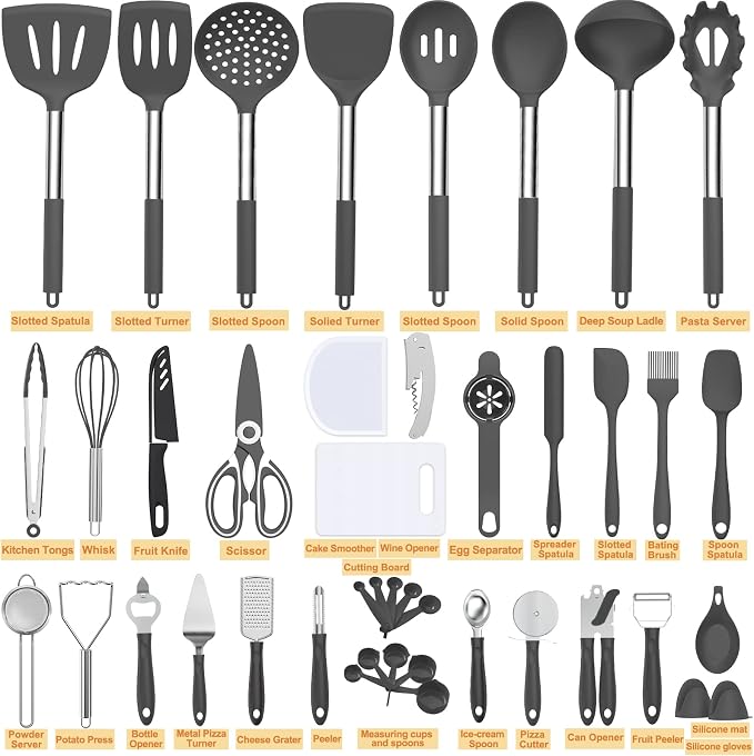 Silicone Cooking Utensil Set, Umite Chef 43 PCS Heat Resistant Kitchen Utensil Gadgets Set-Stainless Steel Handle- Kitchen Spatula Tools for Nonstick Cookware, Pots and Pans Accessories(Grey)