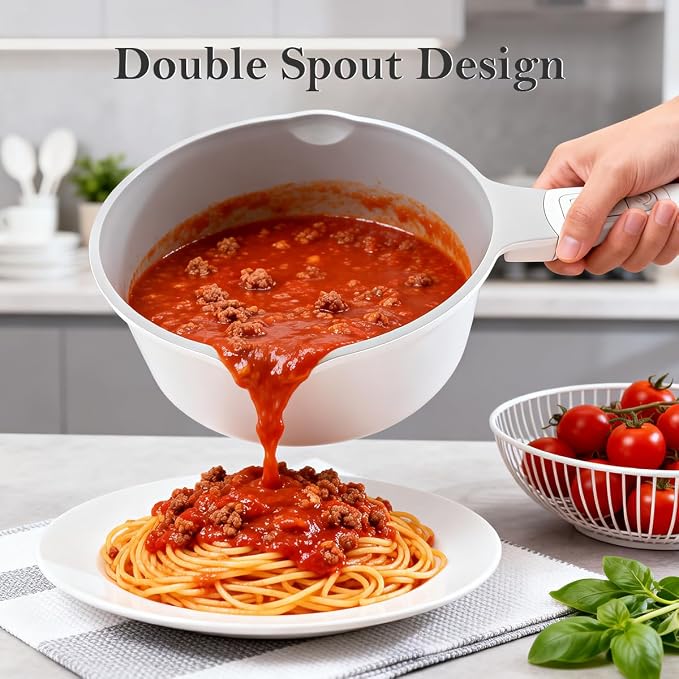 AIKENBBKK Sauce Pan with Lid, 2 Qt Ceramic Saucepan with Lid, Non Stick Sauce Pan, Milk Pot & Sauce Pot & Saucepan with Pour Spout, Detachable Handle Milk Pan, Induction Compatible, Oven Safe, White