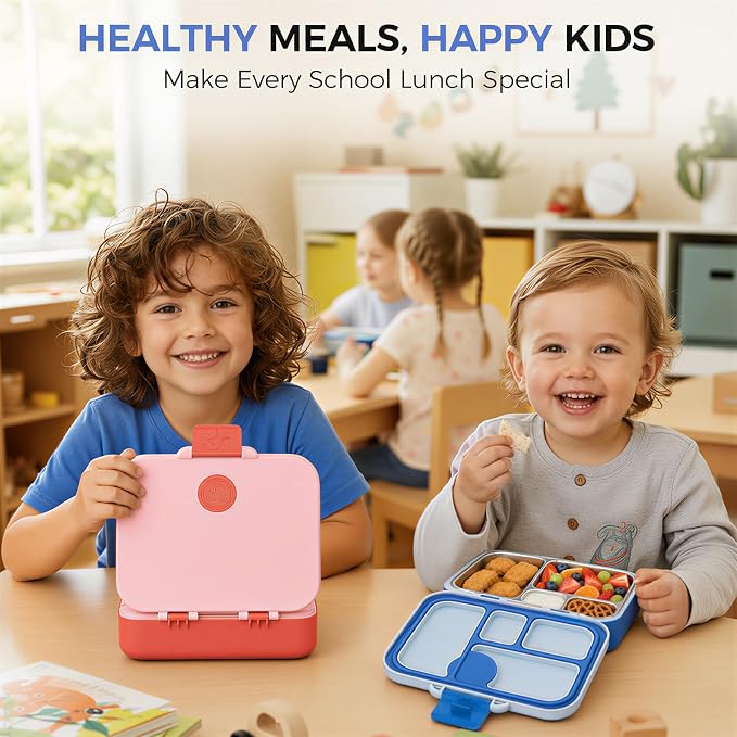 Kids Stainless Steel Bento Lunch Box, 4 Compartments | Leak-Resistant 4 Cups Lunch Container for Ages 4+ with Easy-Open Latch, Removable Seal & Meal Feedback Icon