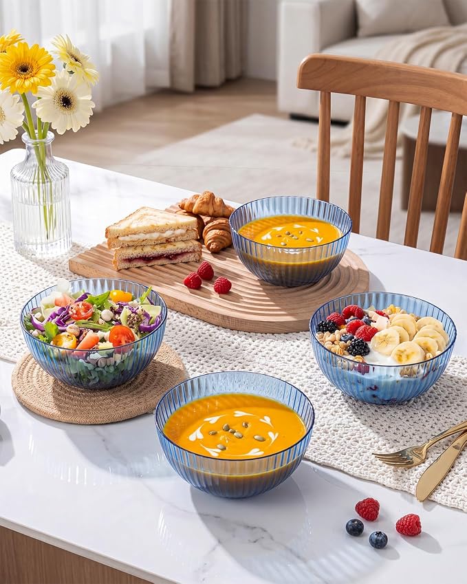 bUCLA 12 PCS Plastic Cereal Bowls Set - 28 Oz Clear Blue Disposable Vertical Stripes Serving Bowls for Snack, Salad, Dessert & Fruit