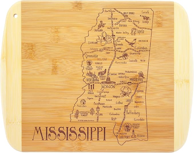 Totally Bamboo A Slice of Life Mississippi Engraved Map Cutting Board | 11” x 8.75” charcuterie board with engraved state map artwork. Smooth reverse side for food prep. Hang tie for wall display.