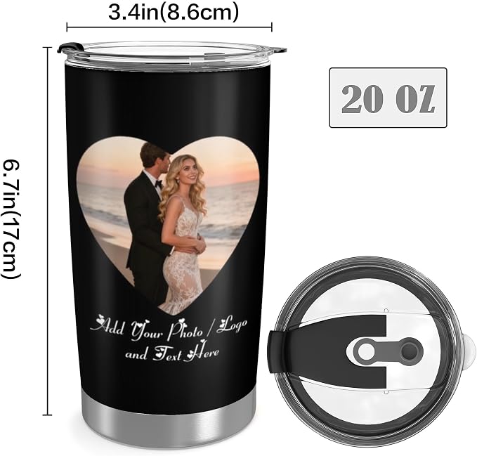 Personalized Tumbler Custom Vacuum Insulated Travel Mug Customizable Coffee Cup with Your Photos and Text Christmas Birthday Gift (2 Heart Photos+Text)