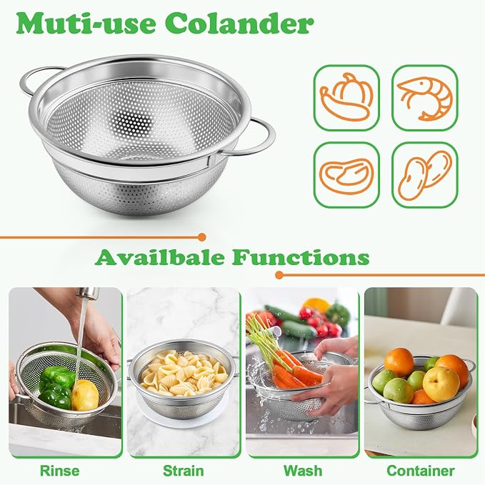 P&P CHEF 3 Quart Colander Strainer Stainless Steel Kitchen, 1PC | Metal Micro-Perforated Colander for Rinsing Washing Draining, Dishwasher Safe, Shiny Silver