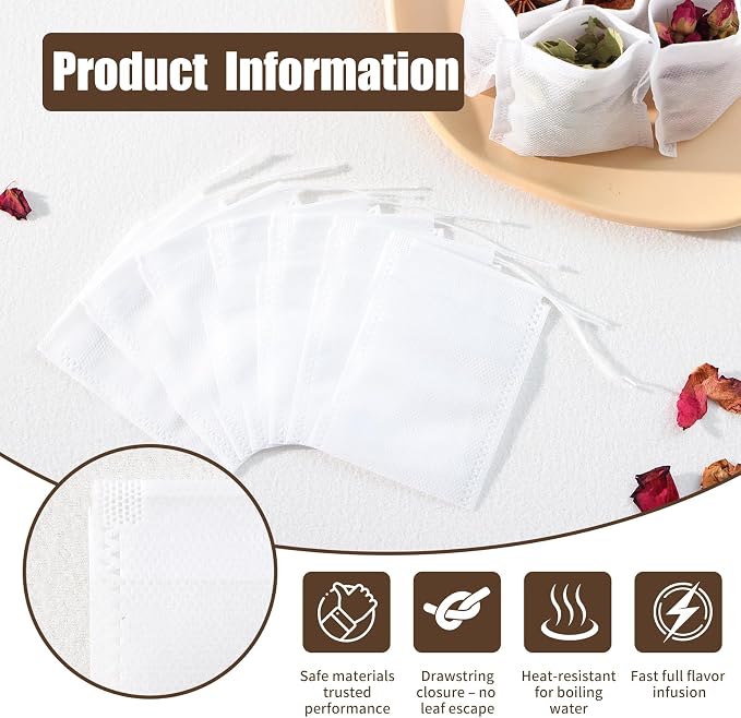 300 PCS Disposable Tea Bags for Loose Leaf Tea, Empty Tea Bags | 3.54" x 2.75" Food-Grade Drawstring Tea Filter Sachets, Safe for Hot Water Brewing, for Loose Tea, Coffee, Herbs & Spices