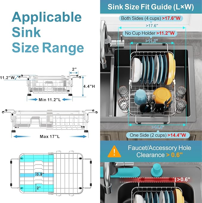 Small in Sink Dish Drying Rack - Expandable Stainless Steel Compact Over The Sink Dish Drainer with Utensil Holder for RV Kitchen Apartment, Silver
