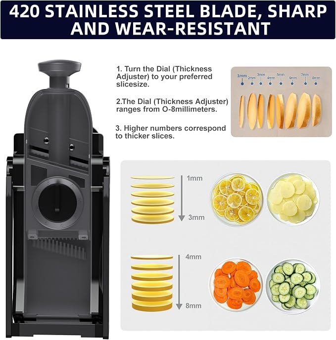 Safe Mandoline Slicer for Kitchen, Professional Vegetable Potato Slicer | 0.1-8 mm Adjustable Thickness, Food Chopper French Fry Cutte, Mandolin, Chopping Artifact Fast Veggie (just Slice, Black)