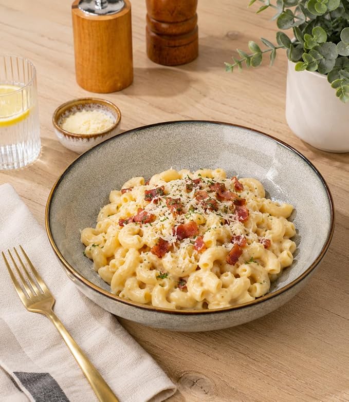 AmorArc 8.5’’ Ceramic Pasta Bowls Set of 6, 36oz Large Stoneware Bowls Set | Large Dinner Serving Bowls Set, Wide Bowl Plate for Pasta,Salad, Soup, Microwave Safe, Reactive Glaze-Green Wheat