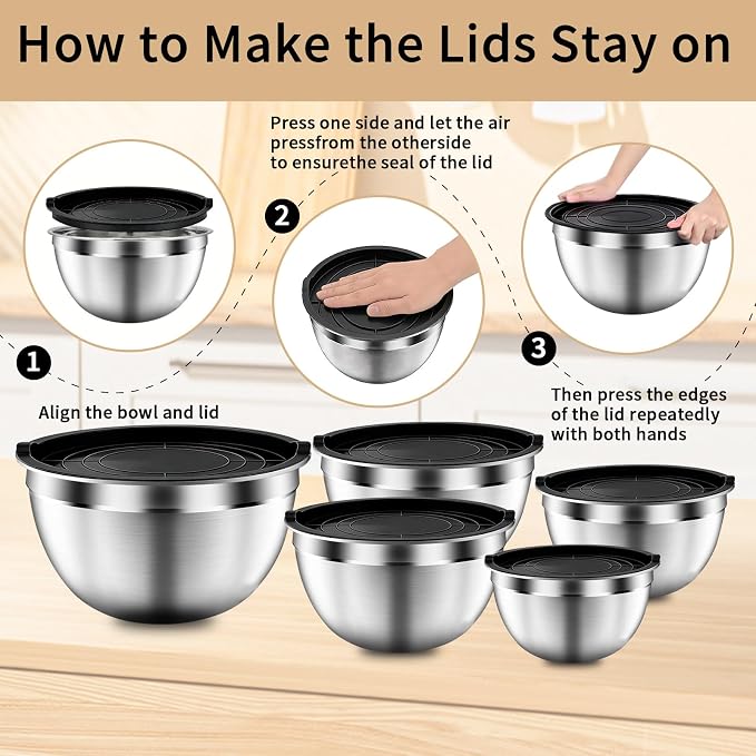 Mixing Bowls with Airtight Lids Set, 5 PCS Stainless Steel Black | Nesting Storage Bowls for Kitchen, Large Prep Metal Bowl, 5.5/4/3.5/2/1.5 QT for Mixing, Serving & Backing, Dishwasher Safe