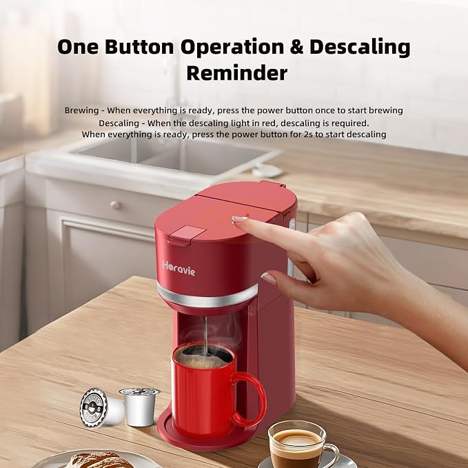 Horavie Mini Single Serve Coffee Maker for K-Cup Pods and Grounds, Fast Brew One Cup Coffee Machine with Descaling Reminder and Water Window, 6 to 12 oz. Brew Sizes, Red