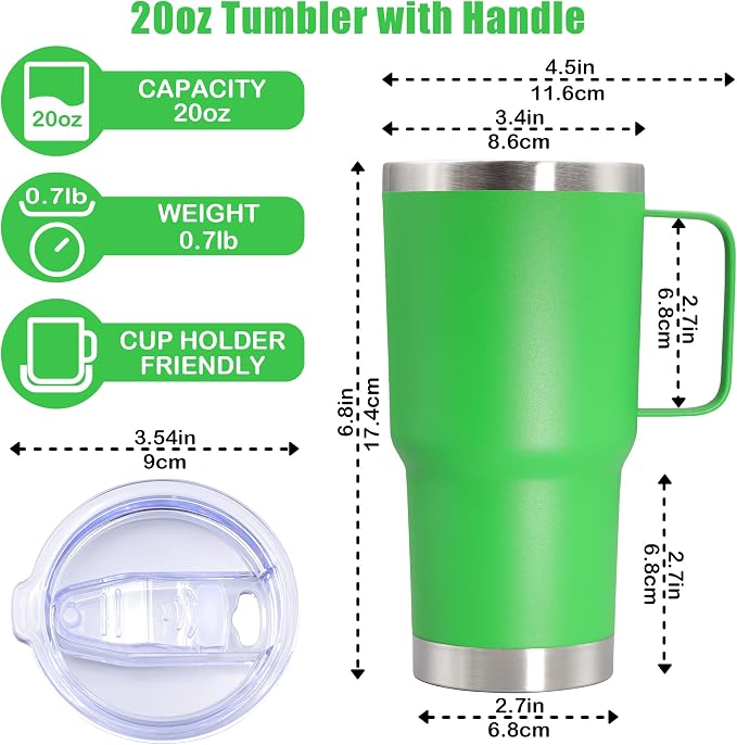 20 oz Tumbler with Handle Coffee Tumblers with Lid Travel Mug Green 12P | 20oz Tumblers with Handle Double-Wall Insulated Vacuum Coffee Mugs Stainless Steel Tumbler with Handles&Lid Green 12P