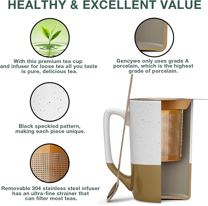 Gencywe Ceramics Large Tea Cup with Loose Leaf Infuser, Spoon and Lid, 16 oz Tall Coffee Mug, Microwave and Dishwasher Safe, Rustic Matte Ceramic Glaze, Tea Strainer, Amber