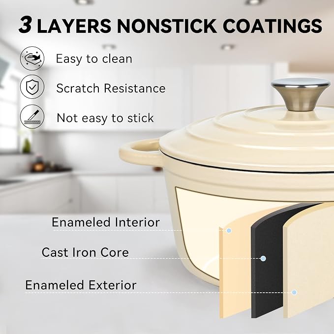 Miereirl 4.5 Quart Enameled Dutch Oven Pot with Lid, Cast Iron Dutch Oven with Dual Handles for Bread Baking, Cooking, Non-stick Enamel Coated Cookware (Beige)
