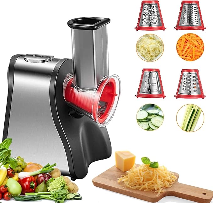 FOHERE Electric Cheese Grater Salad Maker, Electric Slicer Shredder for Home Kitchen Use, One-Touch Easy Control, Electric Grater for Vegetables, Cheeses and Nuts, BPA-Free, Red | Home Kitchen Use, One-Touch Easy Control, Electric Grater for Vegetables...