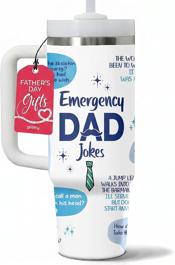 Gossby Emergency Dad Jokes Tumbler, 30oz Stainless Steel with Handle | Funny Gift for Dad, Birthday Gift for Him, Dad Coffee Tumbler with Straw, Insulated Travel Cup, Gift for Daddy, Stepdad
