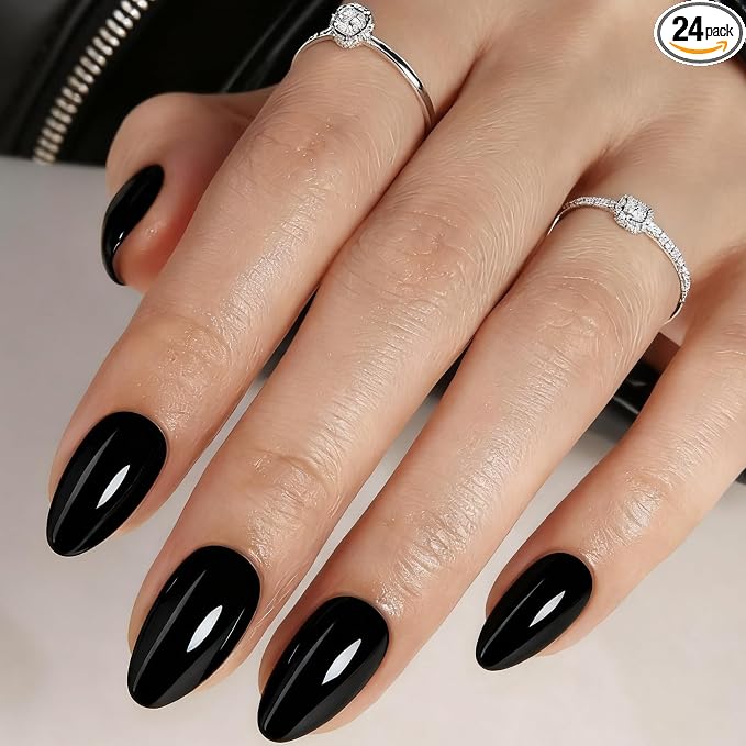 Black Press On Nail Short Almond,Fit Perfectly,Natural Reusable | UV Finish, Artificial Nails , 2+Weeks Wear, Salon Quality Nails, 12 Sizes, 24-Piece, with Glue